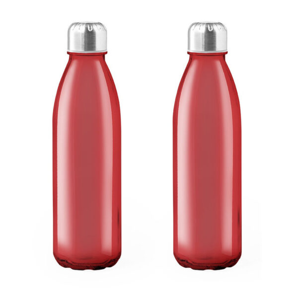 Glazen waterfles/drinkfles - 2x - RVS dop - rood - 650ml - Sport Bidon