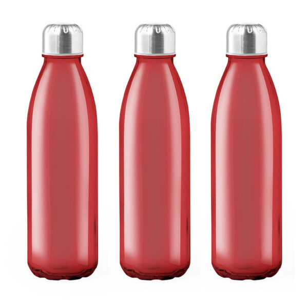 Glazen waterfles/drinkfles - 6x - RVS dop - rood - 650ml - Sport Bidon