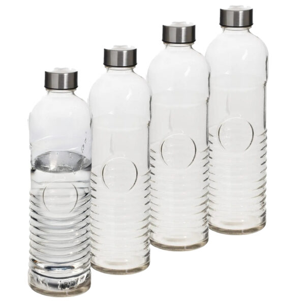5Five Waterfles - 4x stuks -1 liter - gehard ribbel glas - D8 x H29 cm -drinkfles