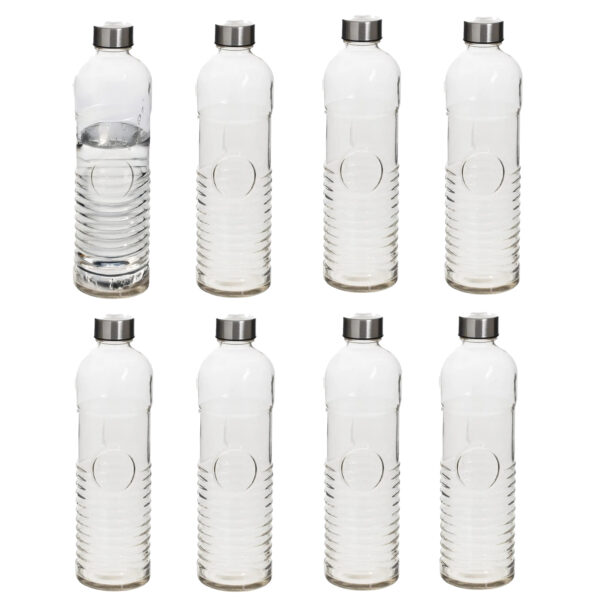 5Five Waterfles - 8x stuks -1 liter - gehard ribbel glas - D8 x H29 cm -drinkfles
