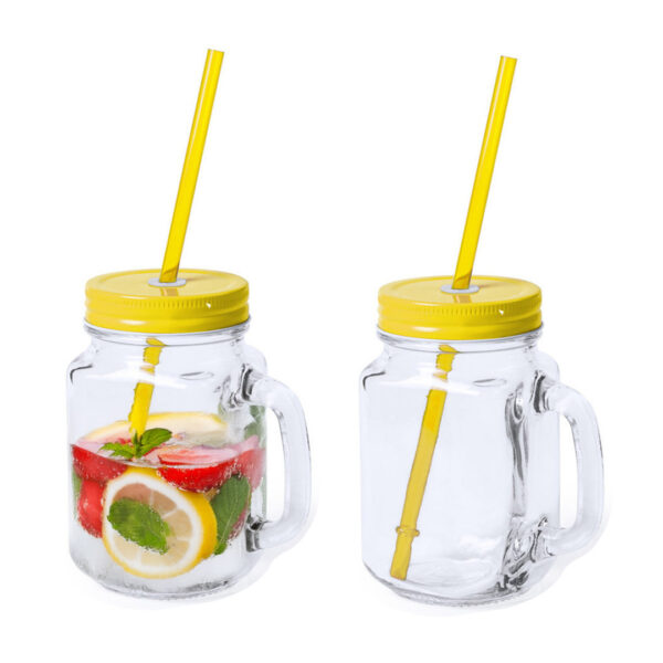 Mason Jar drinkbekers - 2x - glas - dop geel met rietje - 500 ml - afsluitbaar - fruit shakes