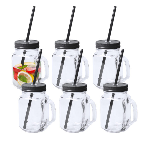 Mason Jar drinkbekers - 6x - glas - dop zwart met rietje - 500 ml - afsluitbaar - fruit shakes