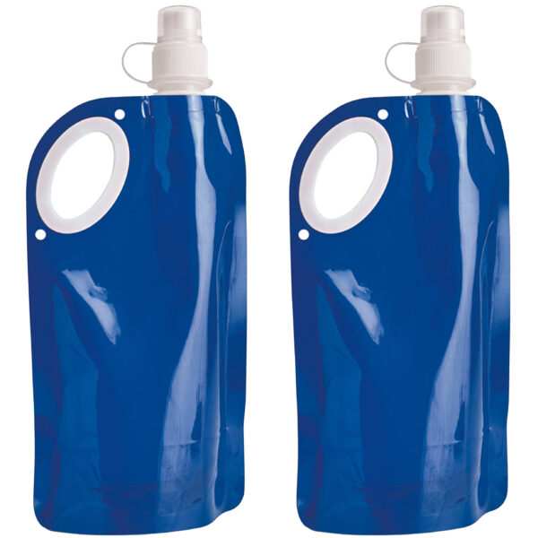 Waterfles/drinkfles opvouwbaar - 2x - blauw - kunststof - 770 ml - schroefdop - waterzak