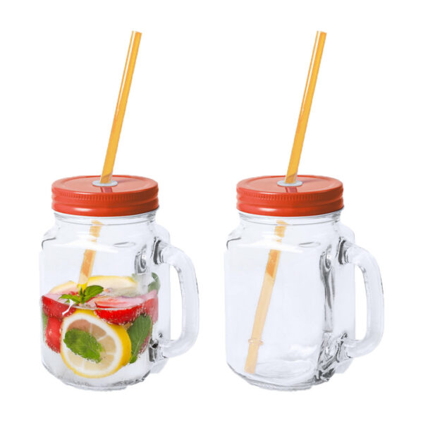 Mason Jar drinkbekers - 2x - glas - dop oranje met rietje - 500 ml - afsluitbaar - fruit shakes