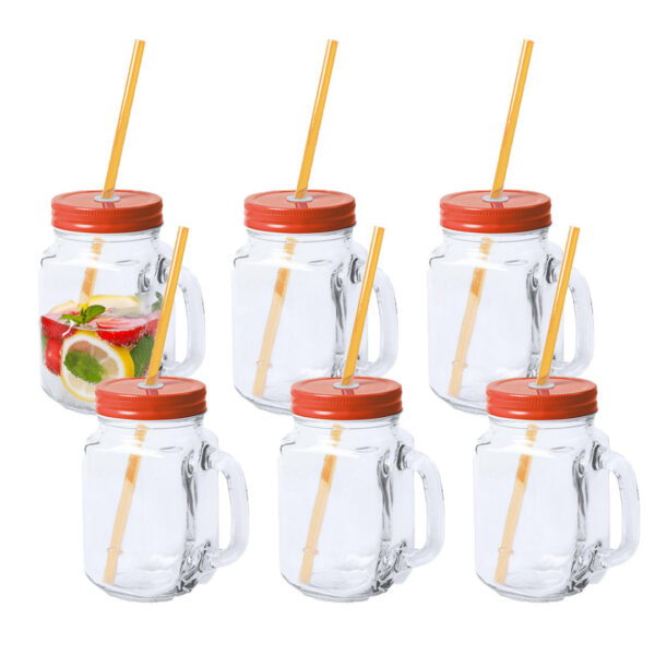 Mason Jar drinkbekers - 6x - glas - dop oranje met rietje - 500 ml - afsluitbaar - fruit shakes