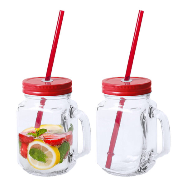 Mason Jar drinkbekers - 2x - glas - dop rood met rietje - 500 ml - afsluitbaar - fruit shakes