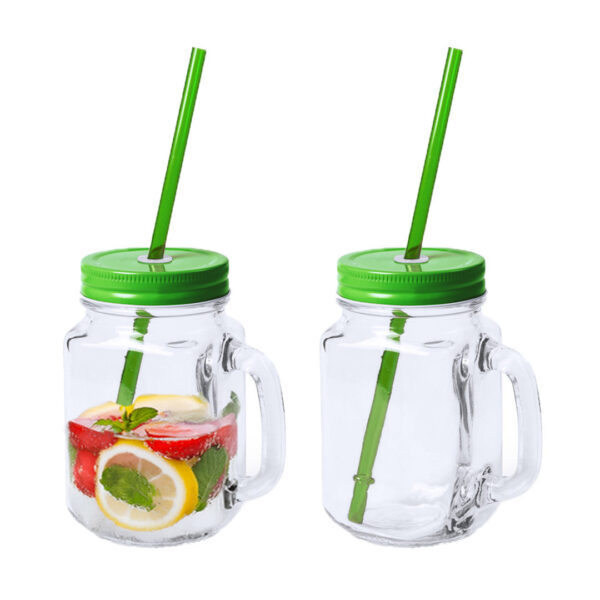 Mason Jar drinkbekers - 2x - glas - dop groen met rietje - 500 ml - afsluitbaar - fruit shakes