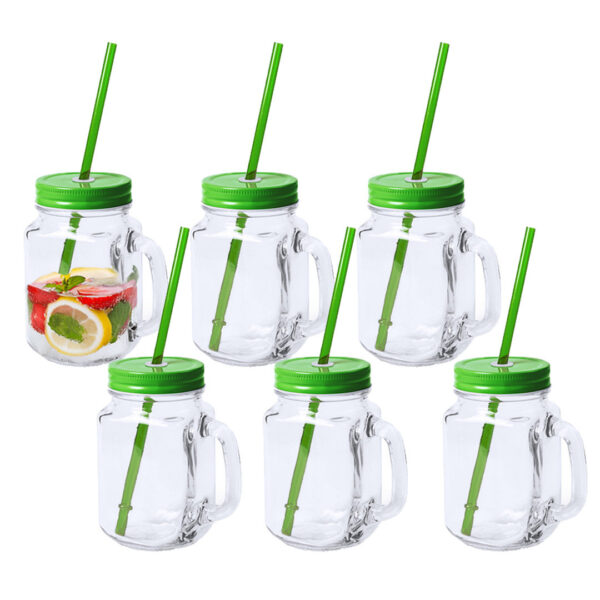 Mason Jar drinkbekers - 6x - glas - dop groen met rietje - 500 ml - afsluitbaar - fruit shakes