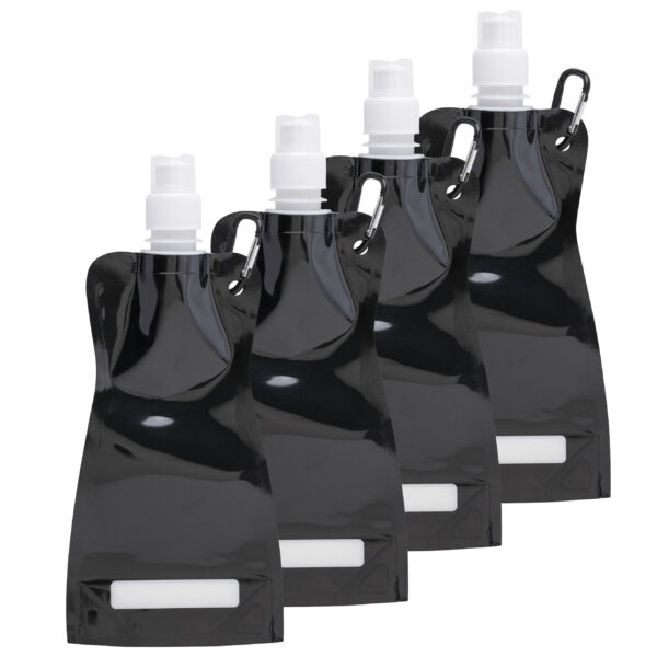Waterfles/drinkfles opvouwbaar - 4x - zwart - kunststof - 420 ml - schroefdop - karabijnhaak