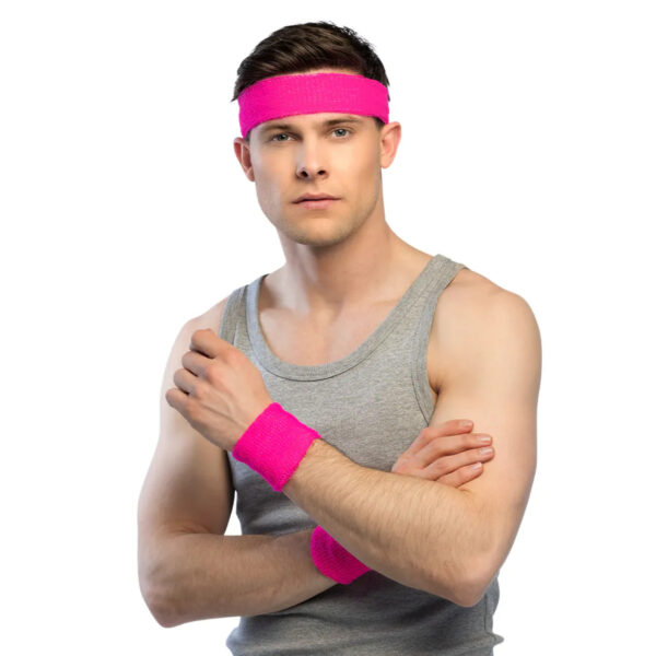 Zweetbandjes set van 3 stuks - Neon Roze - Hoofdband en polsbandjes - Eighties - UV light
