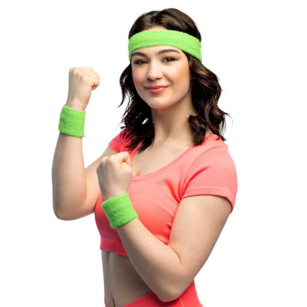 Zweetbandjes set van 3 stuks - Neon Groen - Hoofdband en polsbandjes - Eighties