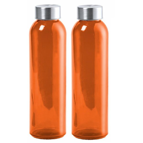 Glazen waterfles/drinkfles/sportfles - 2x - oranje - met RVS dop - 500 ml