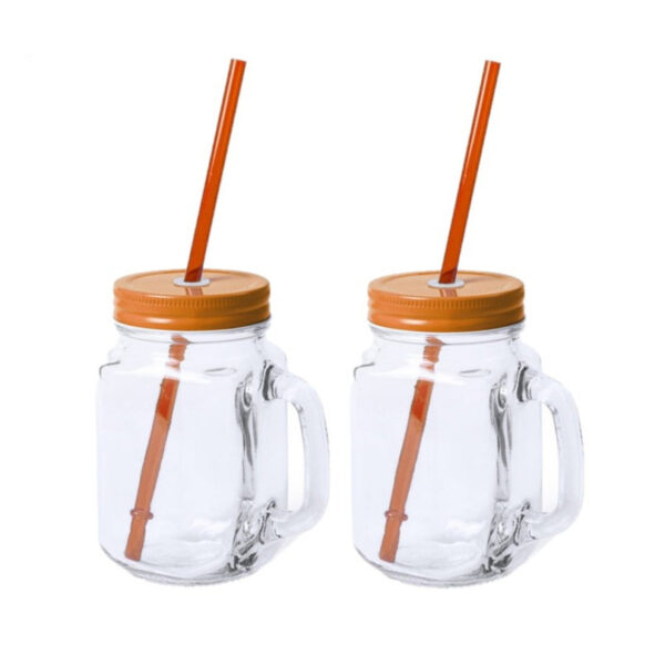 Mason Jar drinkbekers - 12x stuks - glas - dop oranje met rietje - 500 ml - afsluitbaar - fruit shak