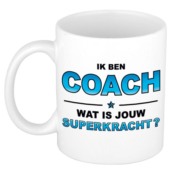Ik ben coach wat is jouw superkracht cadeau mok / beker wit en blauw - kado verjaardag