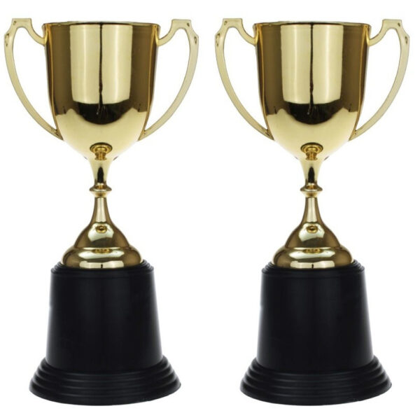 Gouden trofee/prijs beker met oren - 2x - 22 cm - met ruimte voor tekst - kunststof