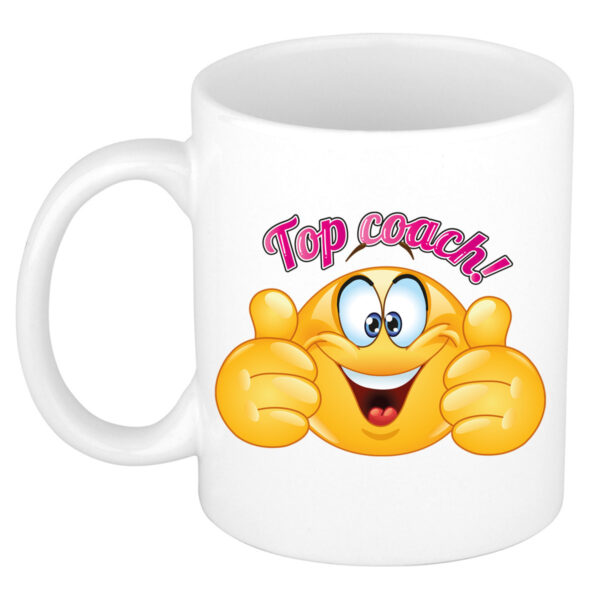 Cadeau koffie/thee mok - duim omhoog smiley - top coach/trainer - roze - 300 ml - keramiek