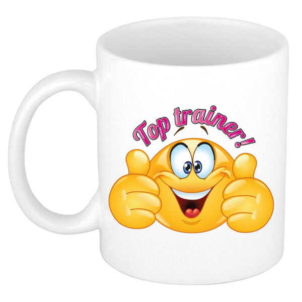 Cadeau koffie/thee mok - duim omhoog smiley - top trainer/coach - roze - 300 ml - keramiek