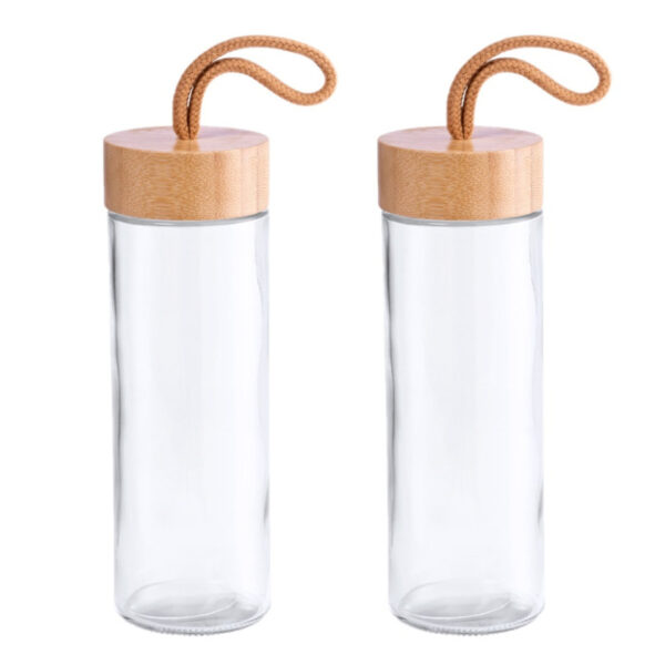 Waterfles/drinkfles - 2x - transparant - 420 ml - glas - bamboe dop - drinkfles - sportfles