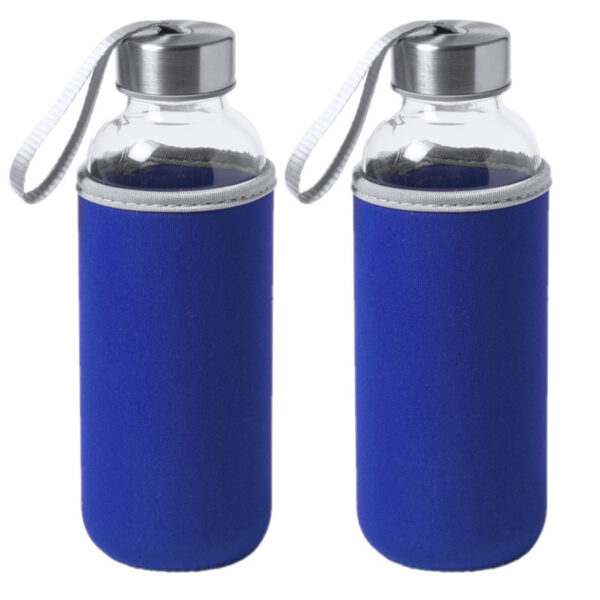 Waterfles/drinkfles Bidon - 2x - met hoes - blauw - glas - 420 ml
