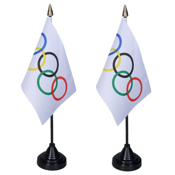 Olympische Spelen tafelvlaggetjes - 2x stuks - 10 x 15 cm vlag - met zwarte standaard