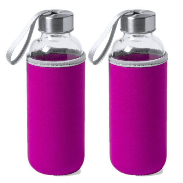 Waterfles/drinkfles Bidon - 4x - met softshell bescherm hoes - roze - glas - 420 ml - Sportfles