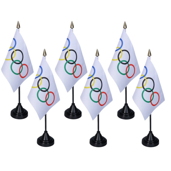 Olympische Spelen tafelvlaggetjes - 6x stuks - 10 x 15 cm vlag - met zwarte standaard