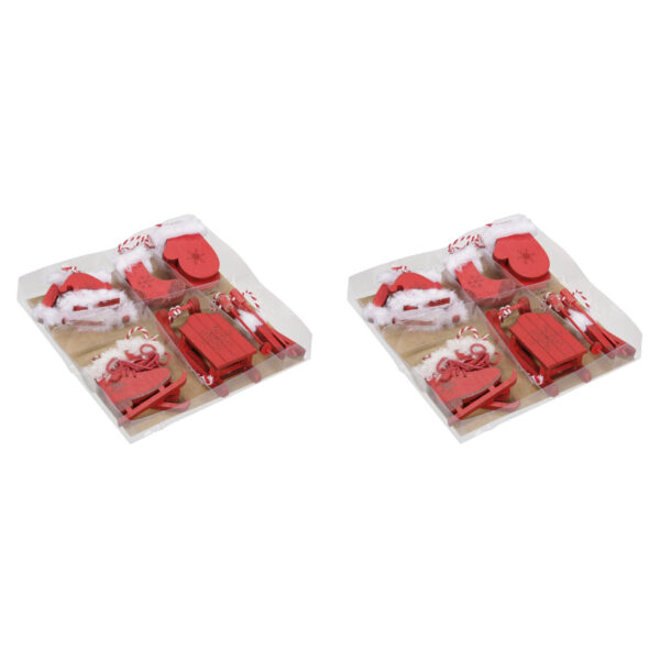 12x stuks houten kersthangers rood wintersport thema kerstboomversiering