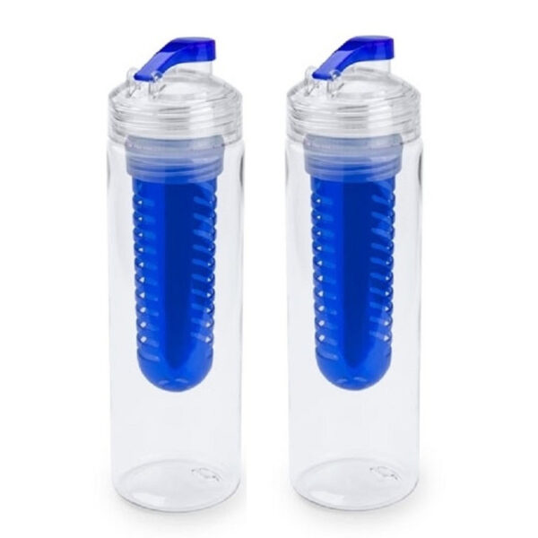 Drinkfles/waterfles met fruitfilter - 2x - 700 ml - infuser - Fruitwater fles - transparant/blauw