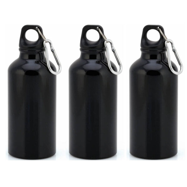 3x Stuks aluminium waterfles/drinkfles zwart met schroefdop en karabijnhaak 400 ml