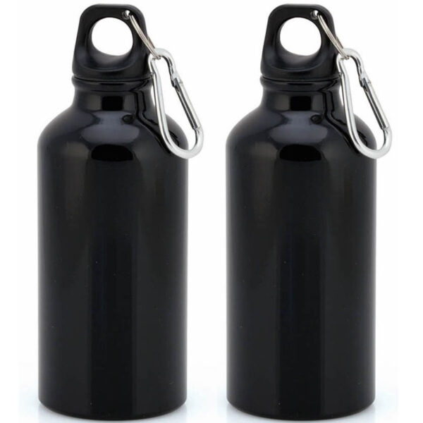 Aluminium waterfles/drinkfles - 4x - met schroefdop en karabijnhaak - zwart - 400ml - Sportfles - Bi