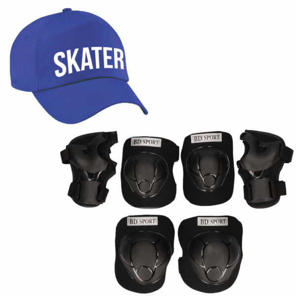 Set van valbescherming voor kinderen maat M / 6 tot 8 jaar met een stoere SKATER pet blauw