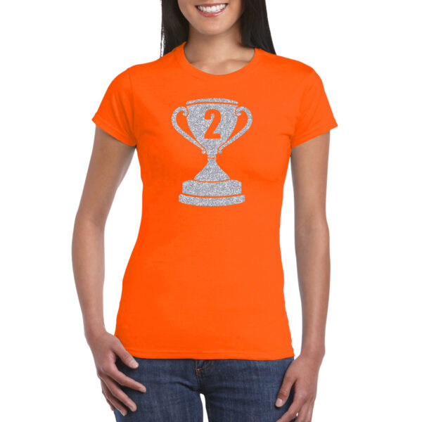 Zilveren winnaars beker nr.2 t-shirt oranje voor dames