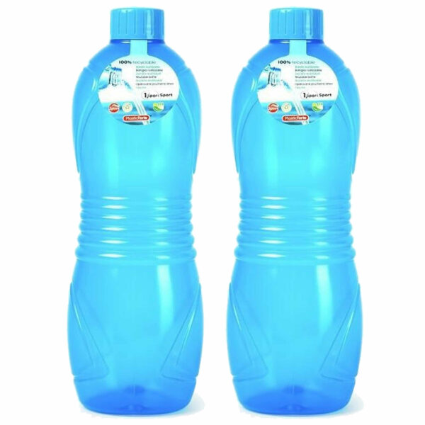 Plasticforte Drinkfles/waterfles/bidon - 2x - 1000 ml - transparant/blauw - kunststof